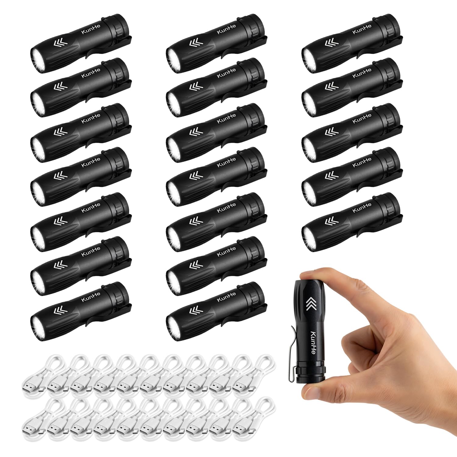 KunHe Lot de 20 Lampes Torches Rechargeables Mini LED, Lampes de Poche Puissantes USB-C en Aluminium avec Clip, 300 Lumens, pour Urgence, Réparation, Promenade, EDC