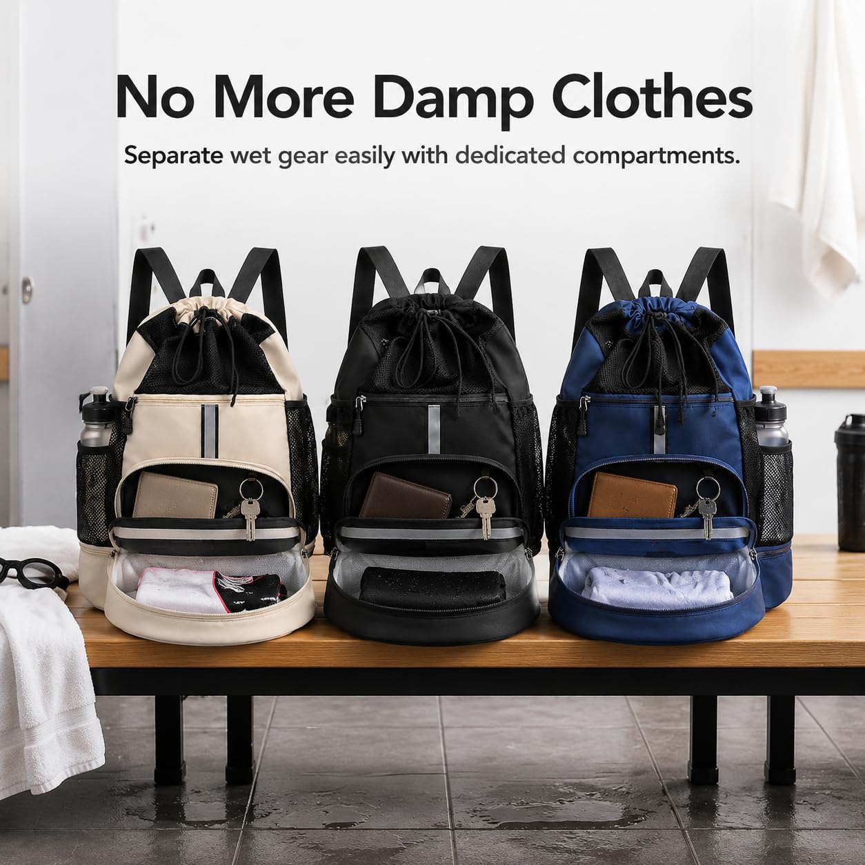 Bolsa portiva Nylon con Compartimento Humedo y con Capacidad 20 Litros con Cierre Cordon para Guardar Ropa Zapatos Toallas y Equipo para Gimnasio Natacion y Viaje,