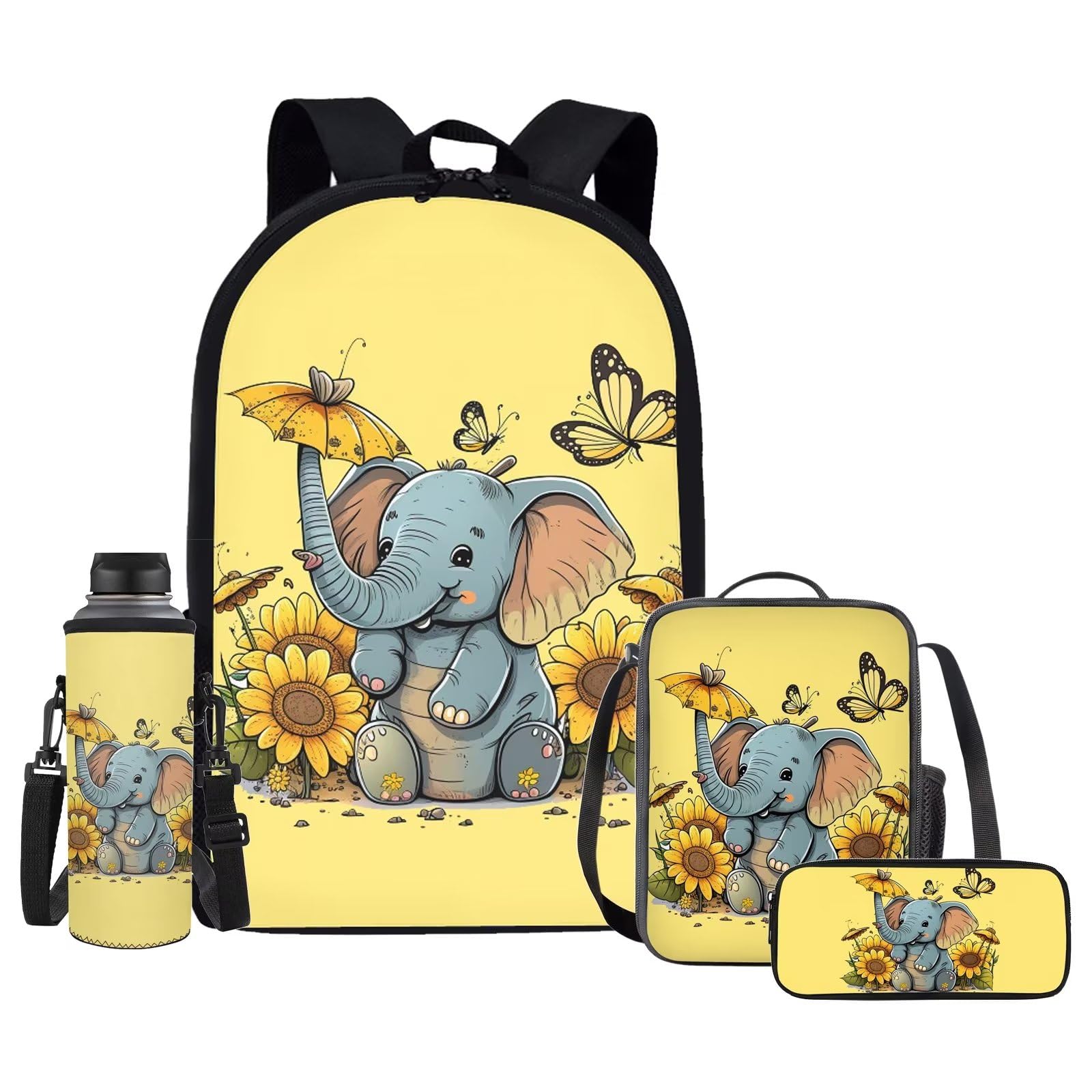 Showudesigns Bolsa de libros con fiambrera para niños, estuche para lápices, soporte para botella de agua, Lindo elefante., talla única
