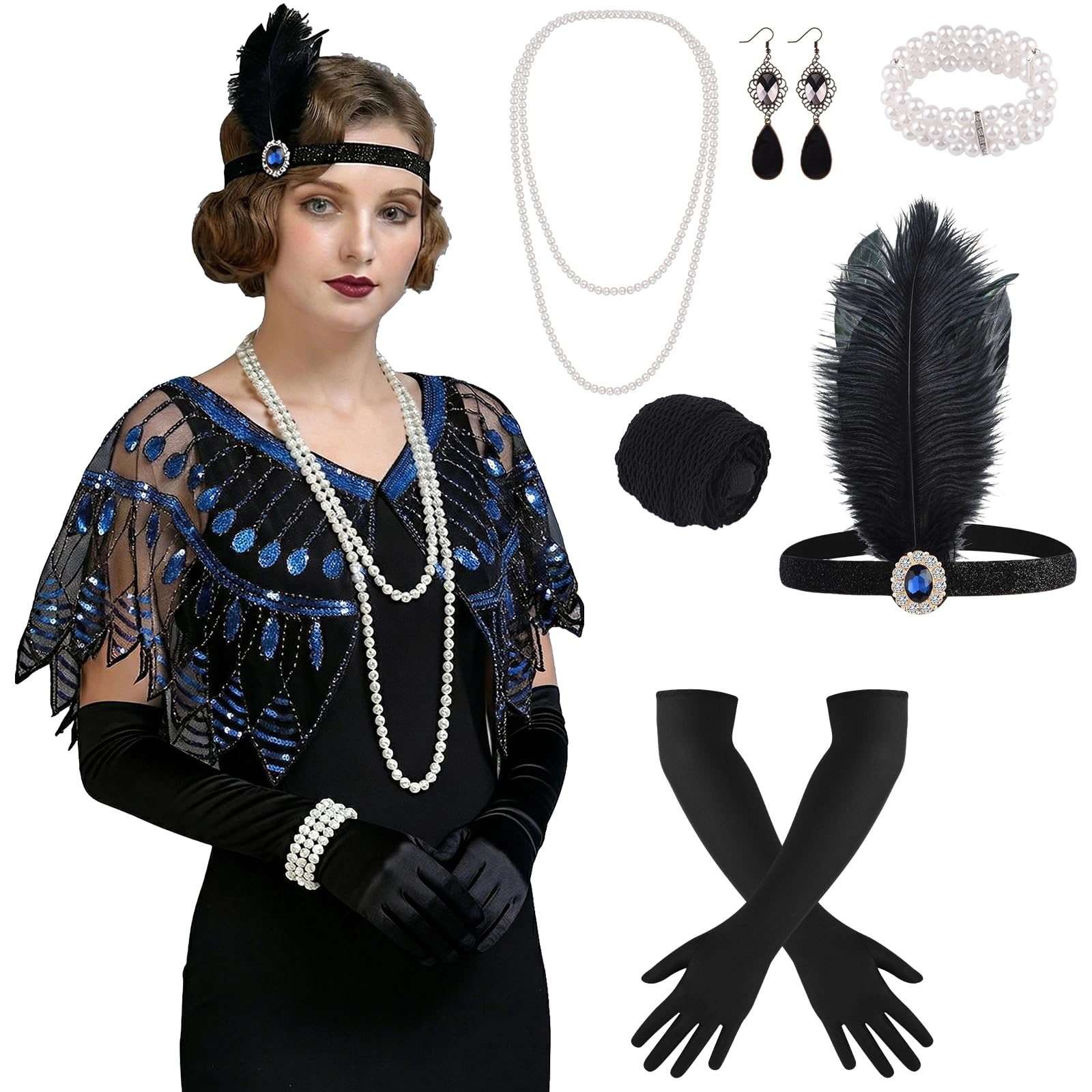 ELECLAND 10 Pieces 1920s Flapper Gatsby Accessories Set Fashion Roaring 20s Theme Set with Headband Headwear for Women (Black Blue, Style 4) — image 1