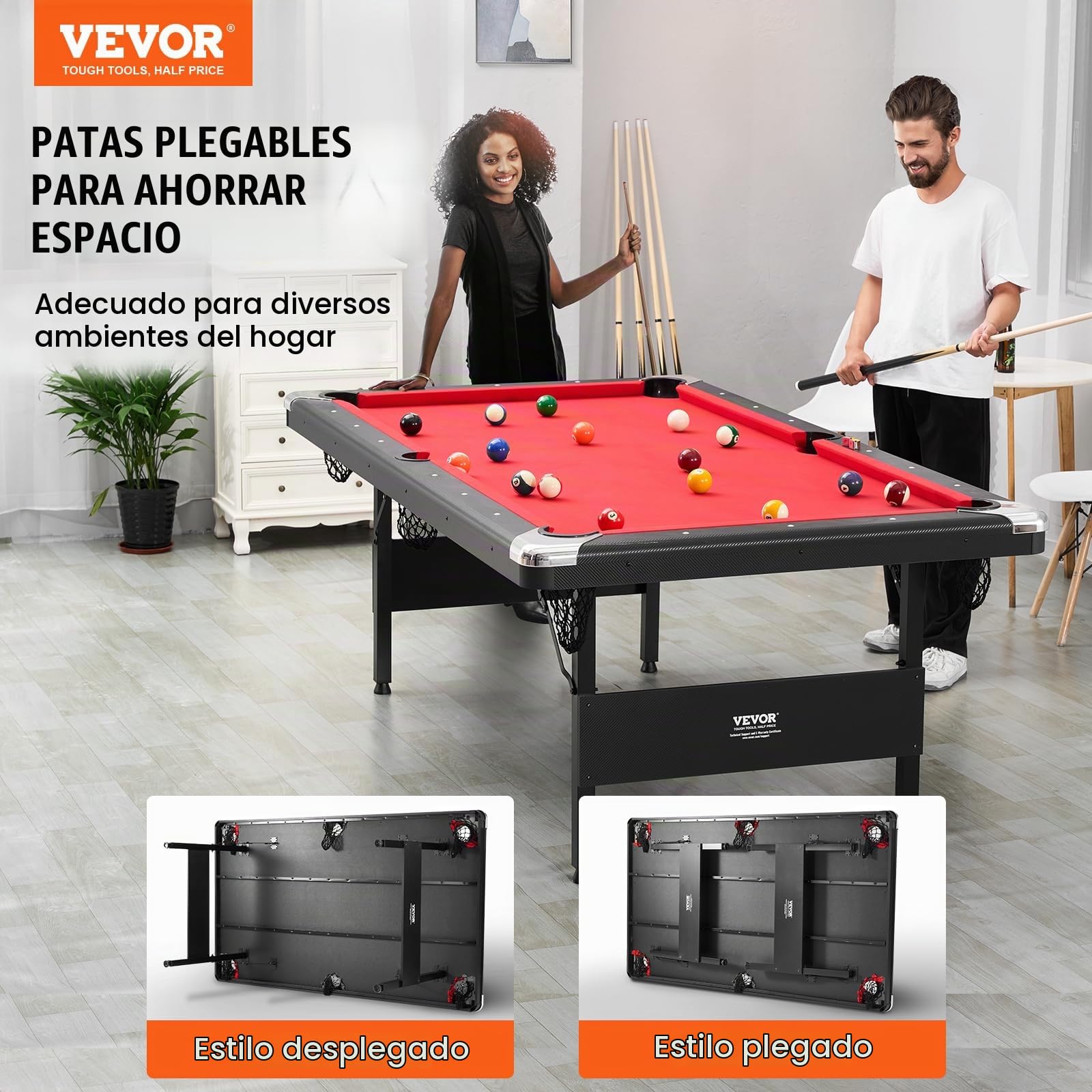 VEVOR Mesa de Billar 213,4x120x80,5 cm Kit de Billar Plegable y Portátil Set Completo de Accesorios con Bolas, Tacos, Tizas y Pincel Color Negro con Tela Roja para Sala de Juegos, Hogar, Club, Bar