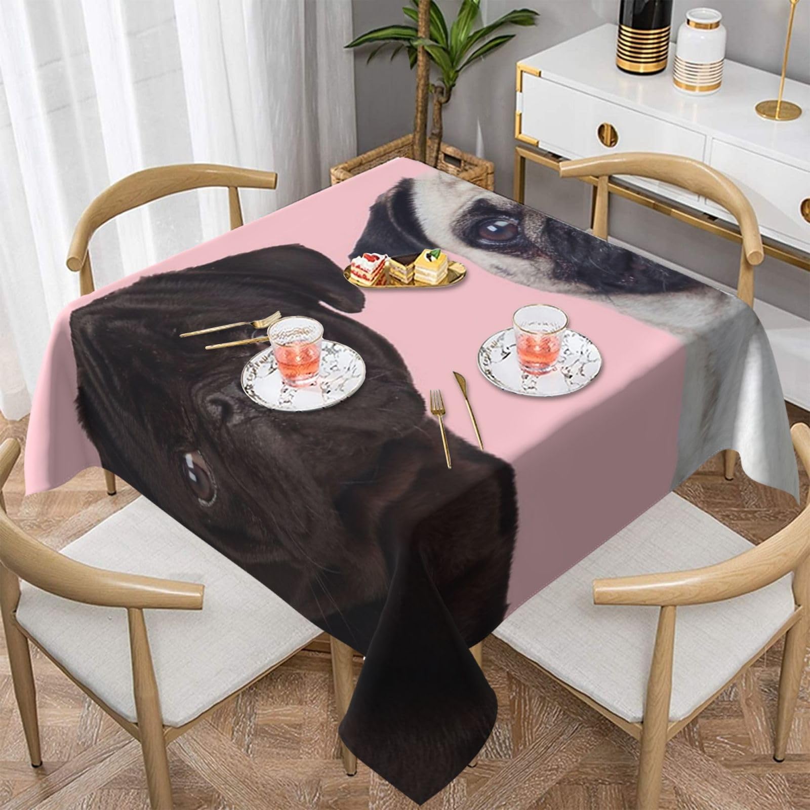 DCEHGEW Funny Animal Pug Dog Prints Square Tablecloth 152x152 CM, Waterproof Fabric Table Cloth for Dining Table, Farmhouse Table Cover for Kitchen Dining Tabletop Decoration