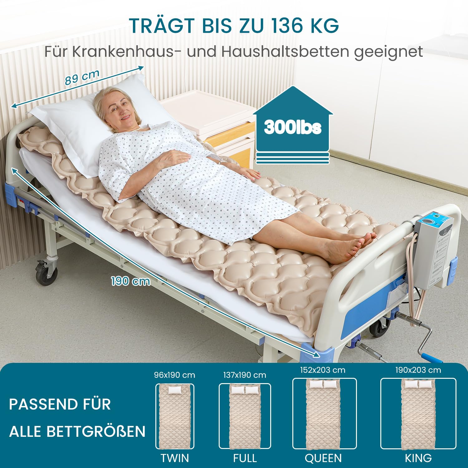Kekoy Antidekubitus Matratze mit flüsterleisen Pumpe und Wasserdicht, für Dekubitus Grad I, Dekubitus Hilfsmittel für Krankenhaus, Zuhause, Krankenbett, 200 x 90 cm