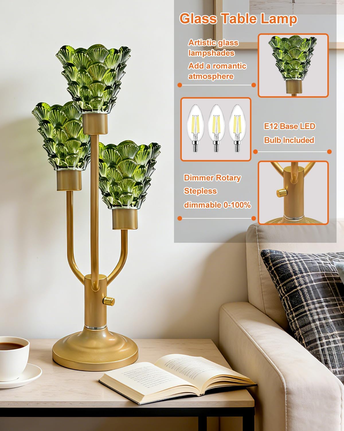 Lightdot Mid Century Modern Glass Green Table Lamp for Living Room Dimmable Gold Desk Lamp 3 Bulbs Included 3000K Warmwhite Ambience Nightstand Lamp for Bedroom Bedside End Table