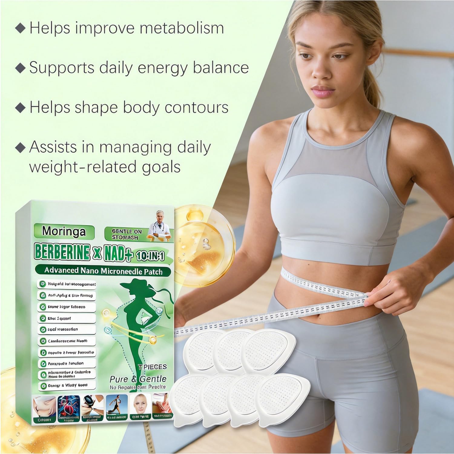 Moringa 10 en 1 Parches con Nano Microaguja y Berberina para Adelgazar, Parche Natural 2026, 4 Cajas