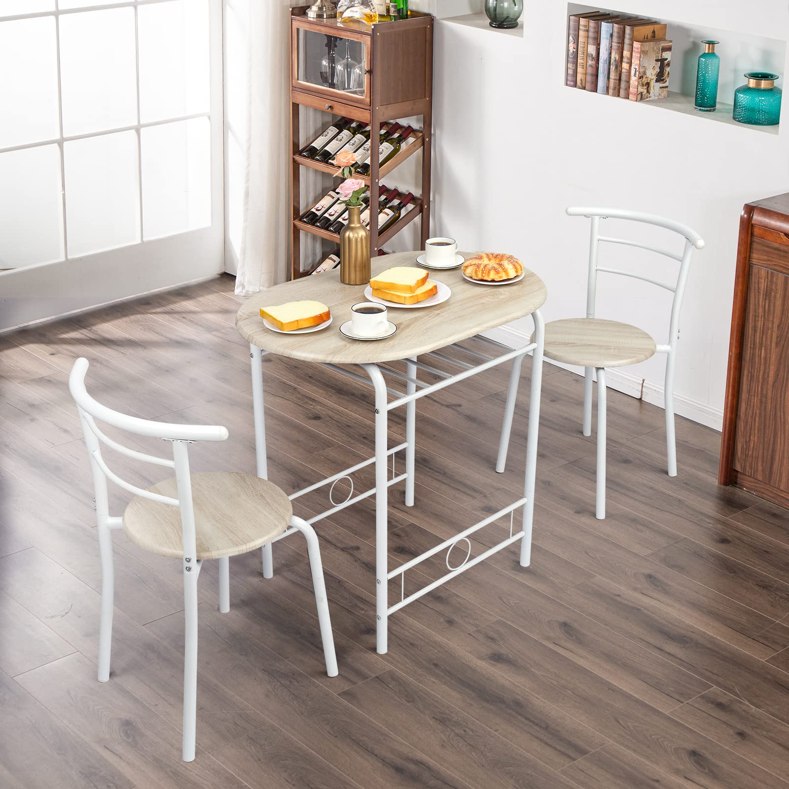 Bonnlo Esstisch Oval für 2 Personen mit Ablagefach, Küchentisch Klein mit 2 Stühlen, Dining Table Set Esszimmertisch Essgruppe Balkontisch für Küche Balkon Esszimmer (Eiche-Weiß)