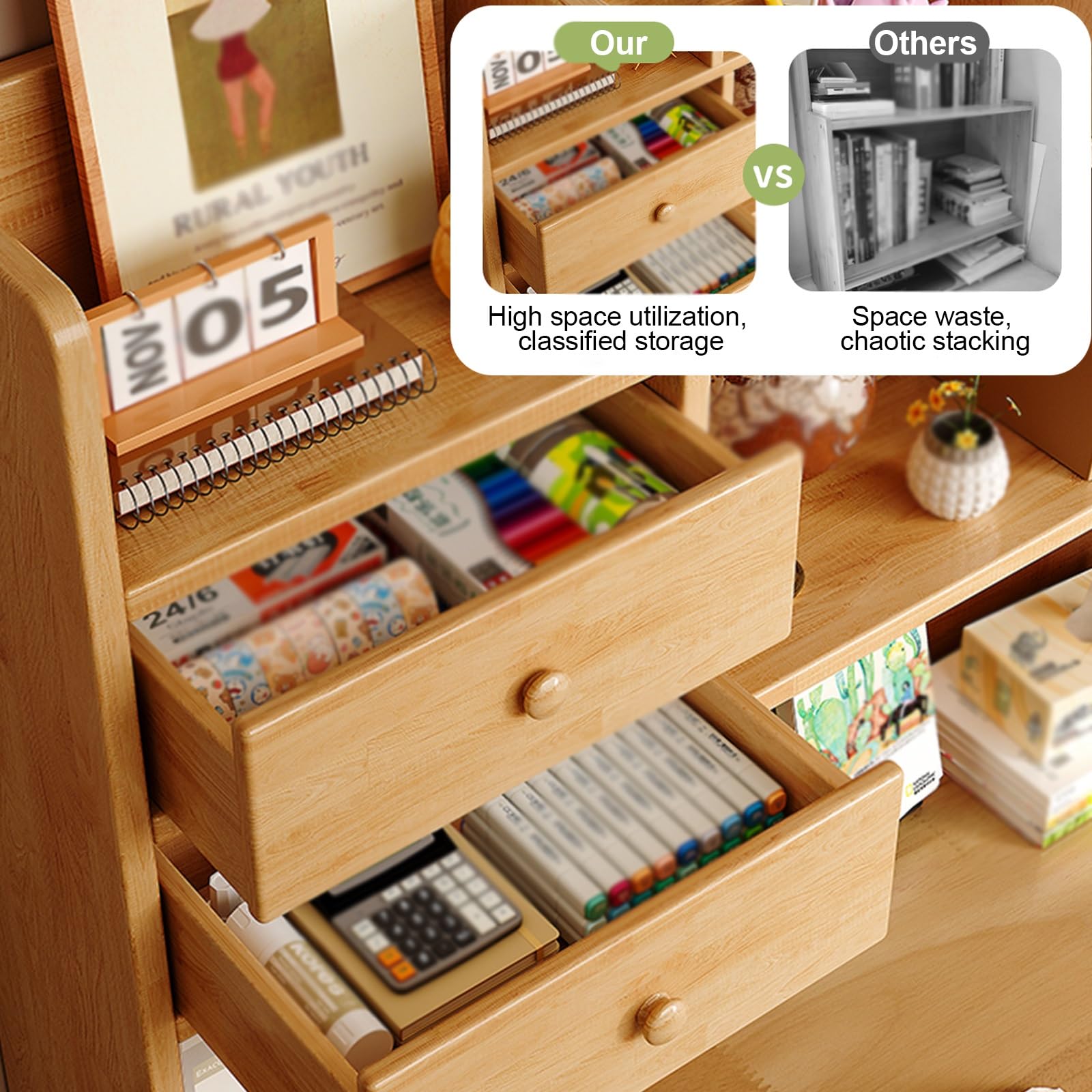 Nadstawka na Biurko w Akademiku, 3-poziomowa Półka z Litego Drewna, Mała Biblioteczka z Szufladą Do Przechowywania, Do Domu, Biura I Akademika, Zaokrąglone Rogi(Yellow,120cm/47in)