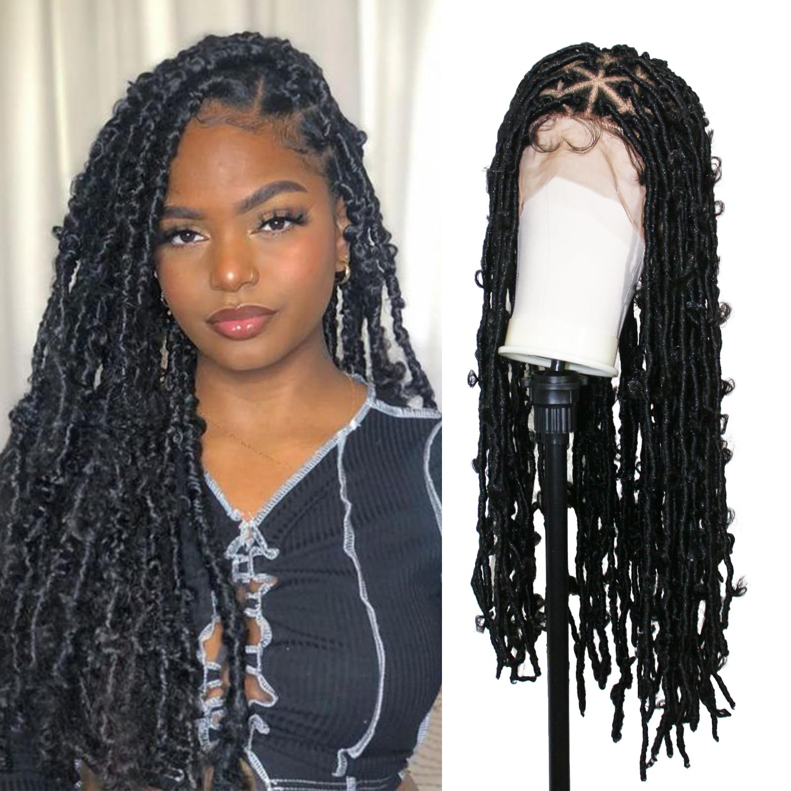 Janyuwool 32" Butterfly Locs Full Lace Triangle Knotless Braided Wigs for Black Women Lace Frontal Braid Wig Human Hair Blended Full Double Lace Front