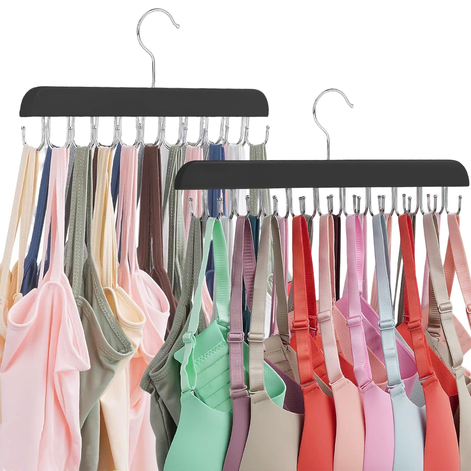 Kalimdor Bra Hanger for Closet, Tank Top Hanger 20 Hooks Capacity Foldable Wood Space Saving Hanger Closet Organizers and Storage for Dorm & Apartment for Tank Top, Bra, Scarf etc., Black, 20PH-2P