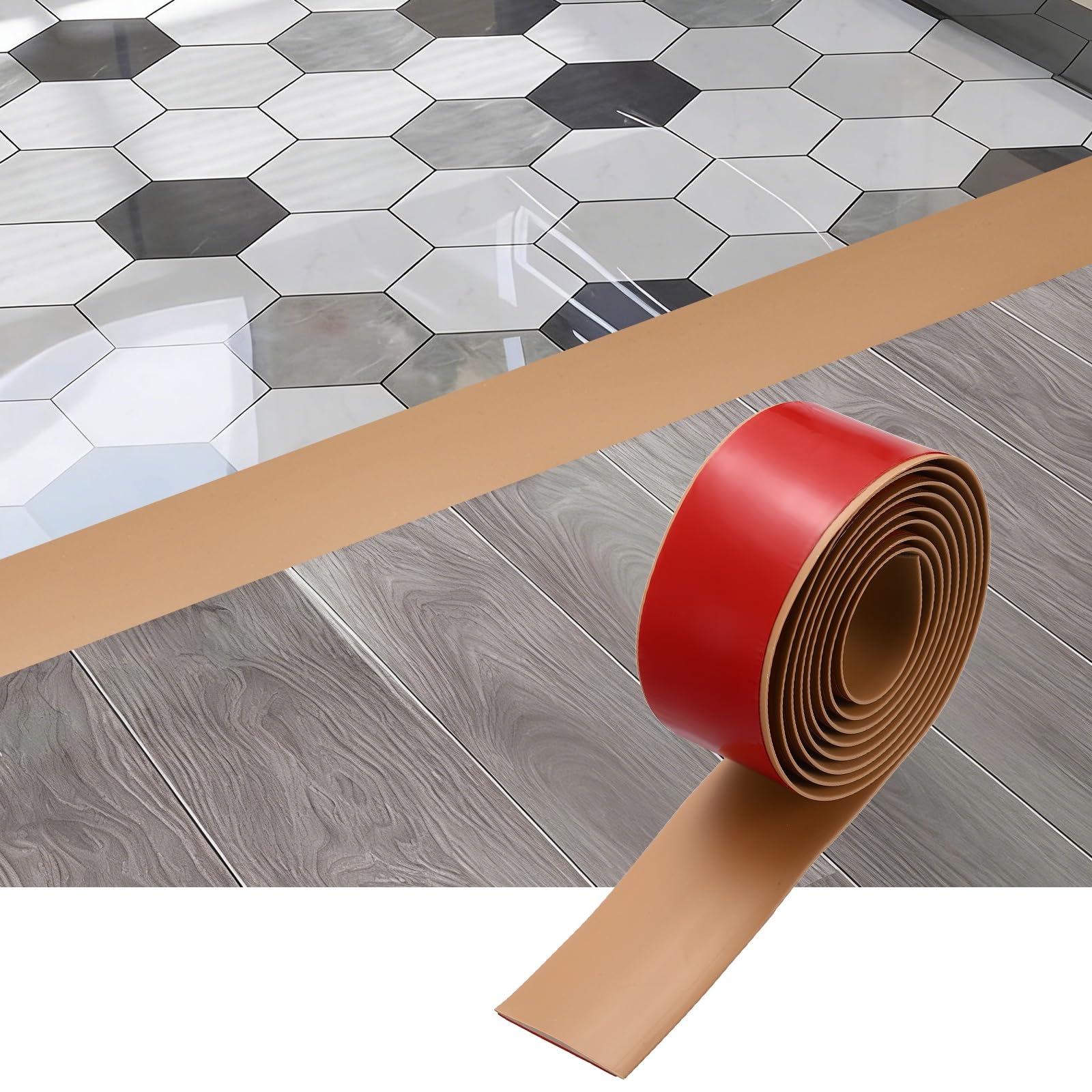 sourcing map Floor Transition Strip, 6.5FT x 1.97" x 0.14" Self Adhesive Floor Cover Strips Laminate Edge Trim for Flooring Gaps Carpet Transition, Light Brown