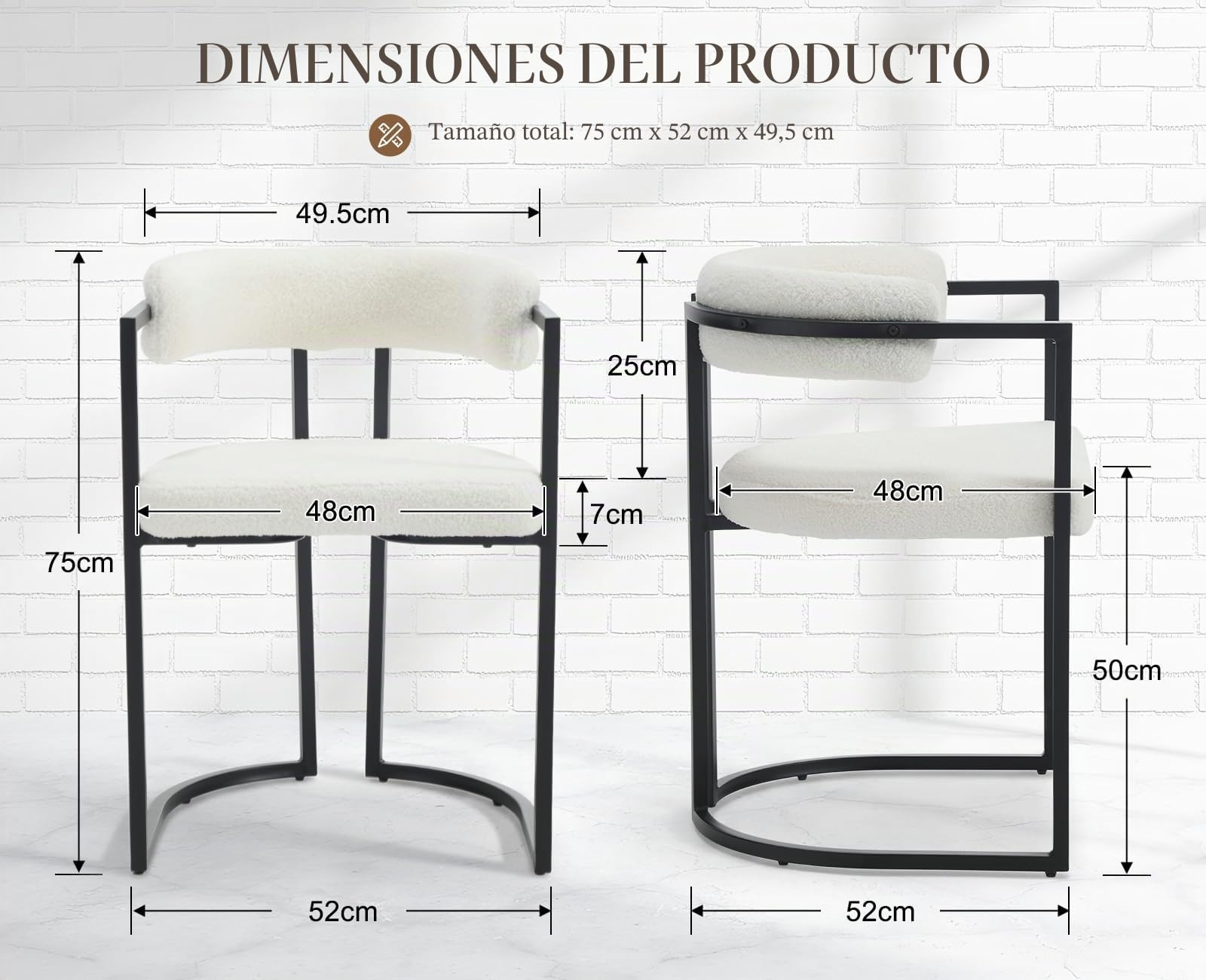 Ya-Home Juego de 2 Silla de Comedor Silla Cocina de Lana Sintética, Blanco | Asiento Tapizado de Lana Sintética, Patas de Metal Antideslizantes, Respaldo Curvado, Cojin Grueso, para Hogar/Restaurante