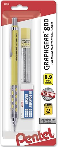 Pentel Graph Gear 800 - Lápiz de dibujo mecánico, 0.035 in, barril amarillo con plomo y borrador de bloques pequeños (PG809LZBP)