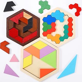 3 Pack Wooden Hexagon Tangram Puzzle Challenge Wooden Brain Teasers Hexagonal Geometric Shape Pattern Wood Block Puzzle Toy for Different Age People Logic Mind Game Gifts