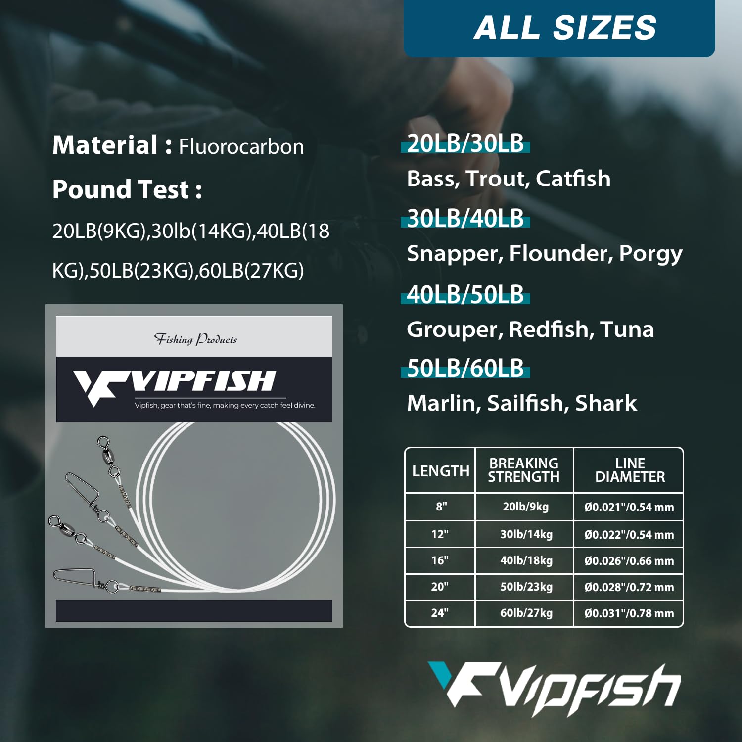 Vipfish Fishing Fluorocarbon Leader with Crane Swivel and Snaps - Heavy Duty 11lb Fluorocarbon Leader Connects Lures, Bait or Hooks for Saltwater & Freshwater Fishing