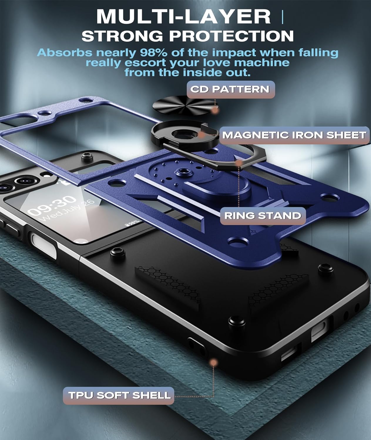 Case for Samsung Galaxy Z Flip 6 Case with Magnetic Kickstand Slide Camera Cover Protector Car Mount Stand Military Grade Heavy Duty Shockproof Bumper Protective Cases for Samsung Z Flip 6 5G (Blue)