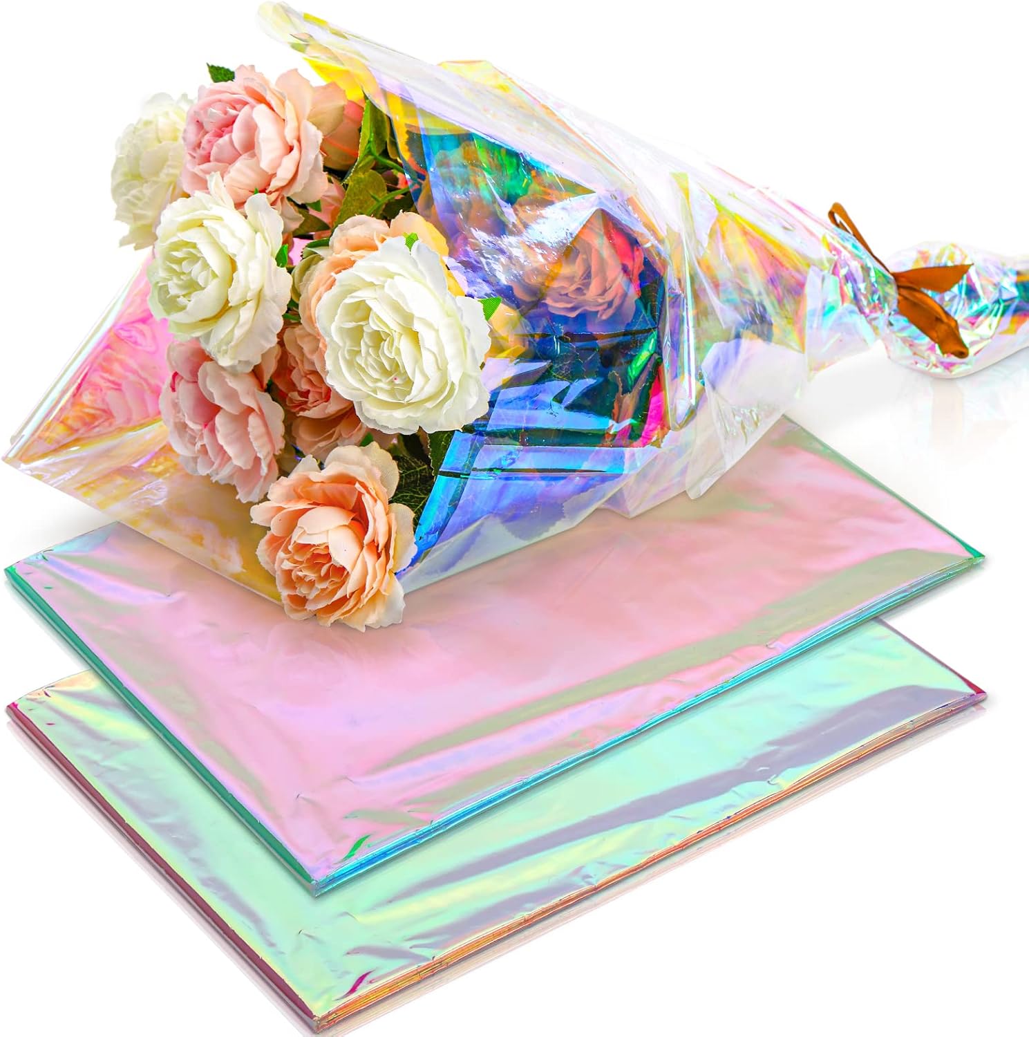 Okllen 39 In x 23 Ft/100x350CM Iridescent Cellophane Wrap, Blue & Pink