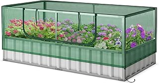 TANGZON Raised Garden Bed with Greenhouse, Galvanized Steel Planter Box Kit with Cover, Roll-Up Door, 8PCS T Tags & A Pair of Gloves, Outdoor Rectangular Vegetable Flower Herb Planter, 174 x 90 x 71cm