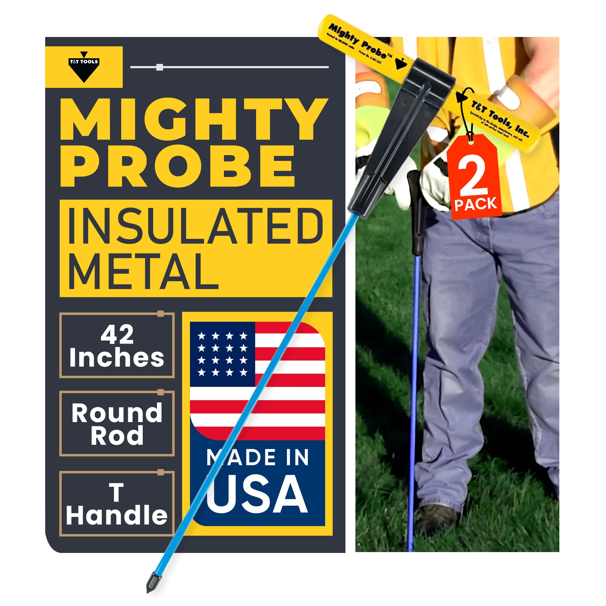 T&amp;T Tools 42-Inch Mighty Probe Metal Soil Probe – 3/8" Round Rod - 2 Pack