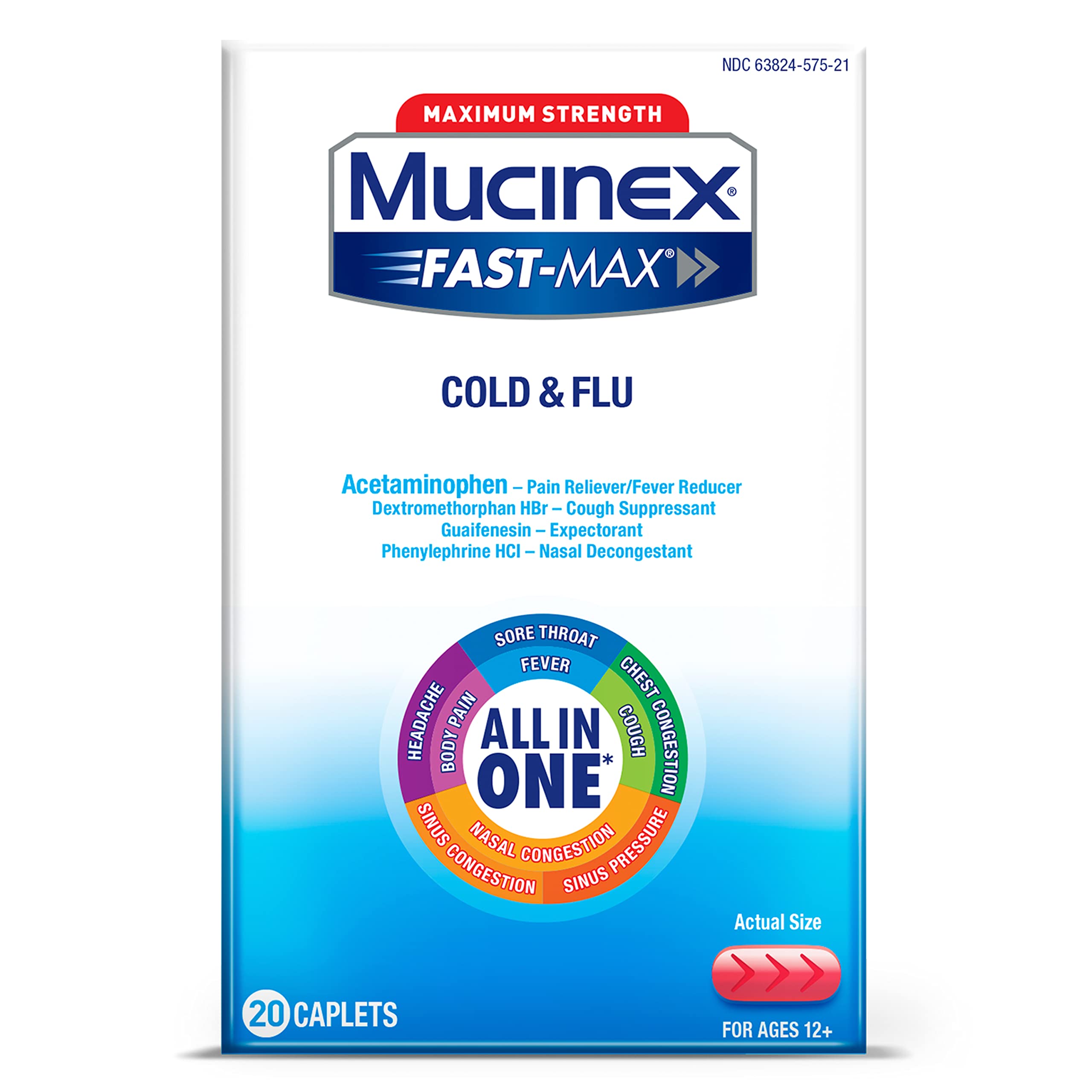 MucinexFast-Max Max Strength Cold and Flu Medicine for Adults, Daytime Cold Medicine, Over-The-Counter Medication with Acetaminophen, Dextromethorphan HBr, Guaifenesin, Phenylephrine HCl, 20 Caplets