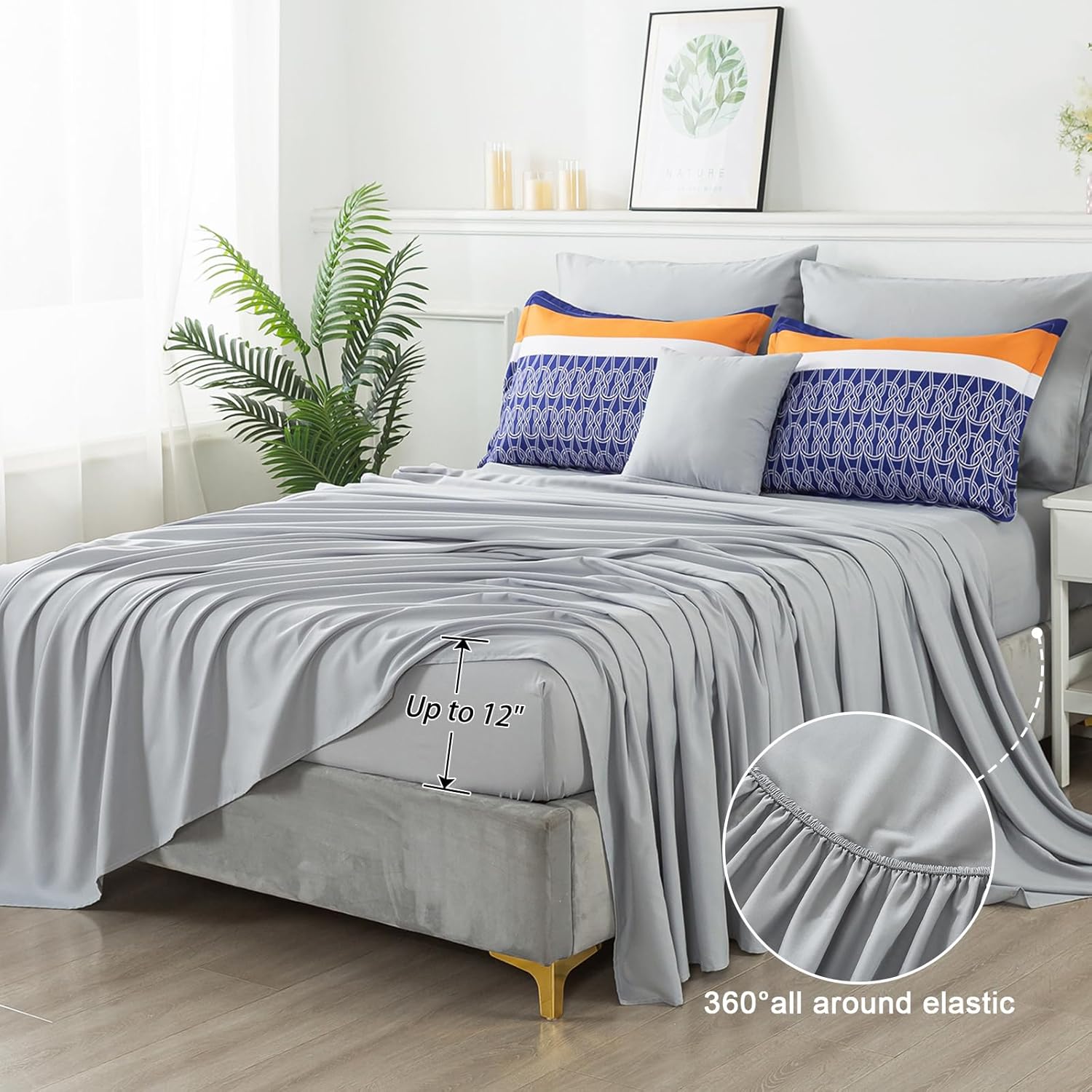 8 Pieces Bed in a Bag Stripe Comforter Set Queen Size,Blue Patchwork Striped Comforter with Sheets Set Soft Microfiber Boho Bedding Sets (Blue,Grey) - Image 4