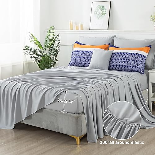 Miniatura 4 de Juego de ropa de cama con edredón y sábanas, tamaño Queen, de 8 piezas, azul, en una bolsa, diseño de rayas y retazos, bohemio, de microfibra suave