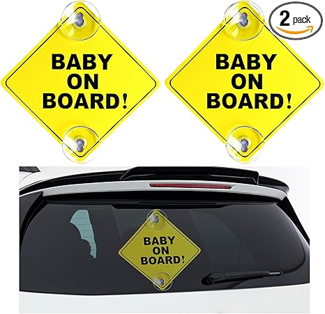 2PCS Baby On Board Sticker for Car Window, 5''×5'' Removable Baby Safety Warning Sign with Suction Cup, Reusable Baby On Board Decal Sticker for Families with Children