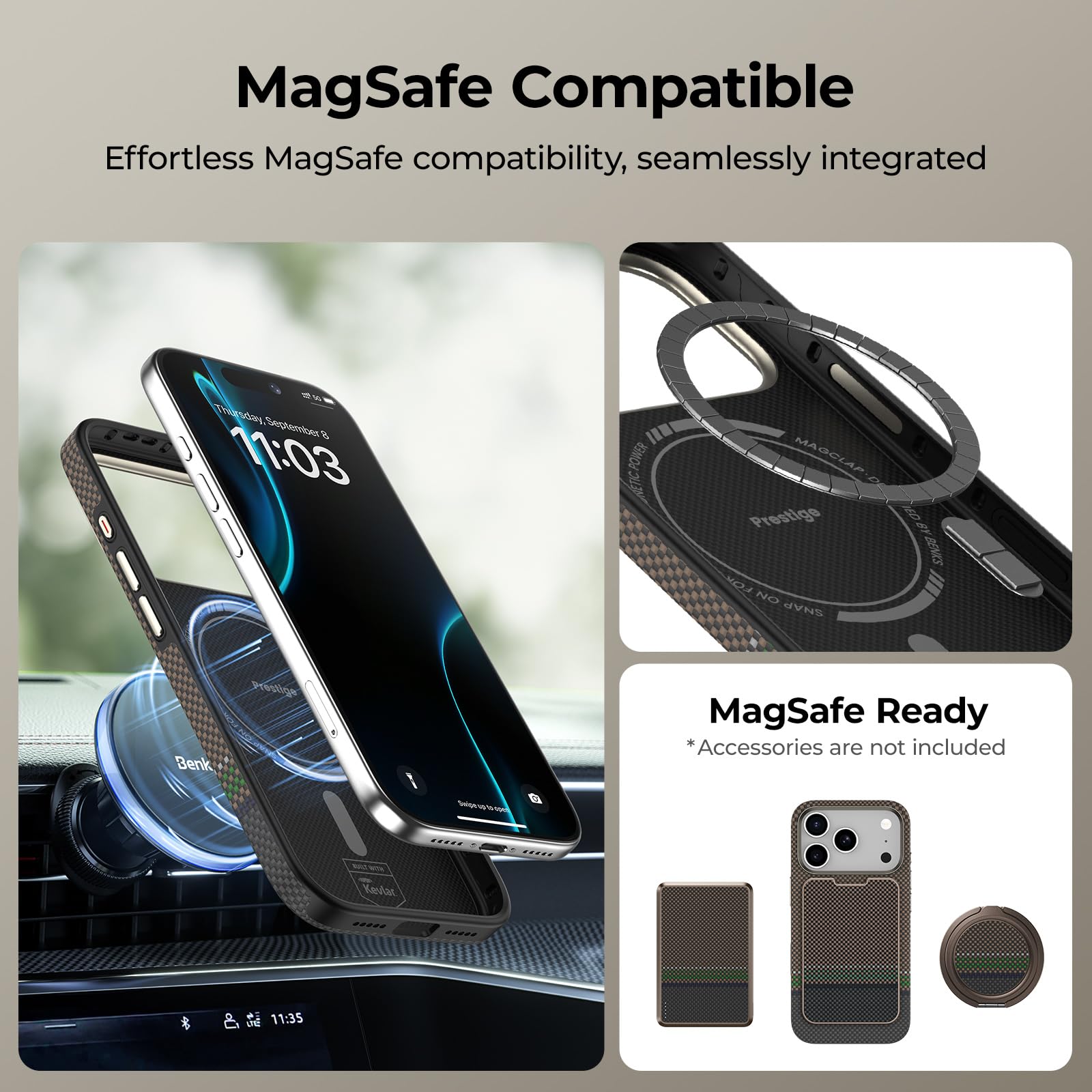 BENKS ArmorPro Prestige Etui na iPhone 17 Pro Max z MagSafe, [Ochrona Obiektywu i Przycisku Aparatu] Odporność na Wstrząsy Etui Ochronne z Włókna Aramidowego Kevlar i TPU, Przyjemny w Dotyku Splot