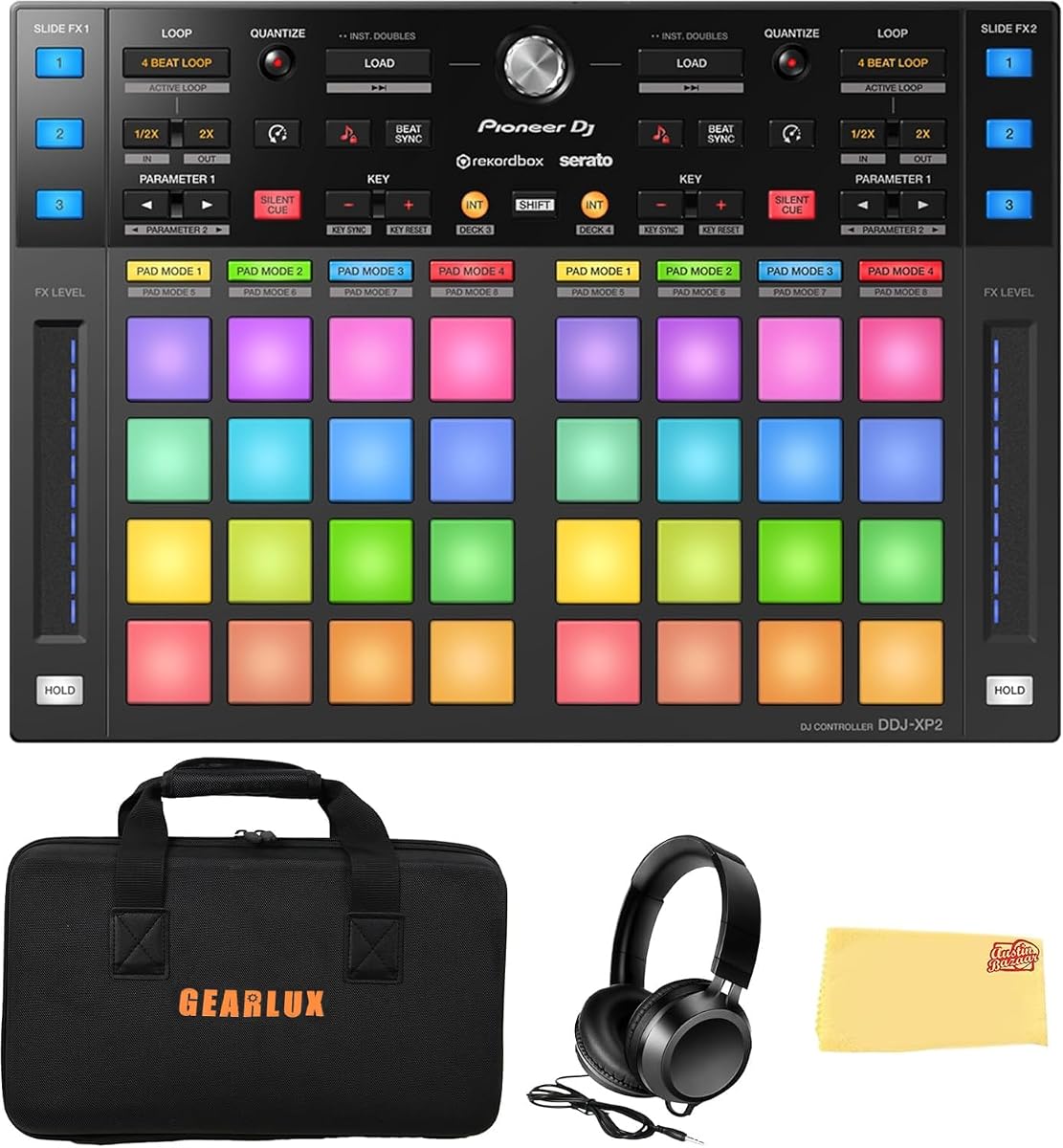 DDJ-XP2 Sub-Controller for Rekordbox & Serato DJ Pro Bundle with Case, Headphones, and Austin Bazaar Polishing Cloth