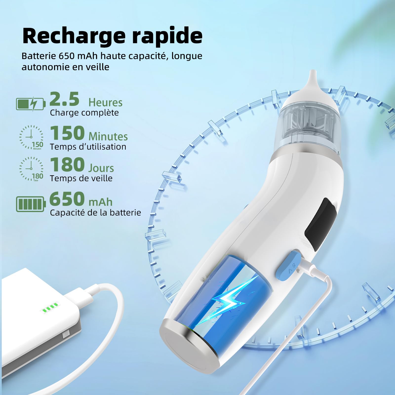 Mouche Bebe Electrique, Mouche nez Bébé confort 5 niveaux d'aspiration mouche-bébé 3 tailles Embout musique et lumière apaisantes affichage LED portable