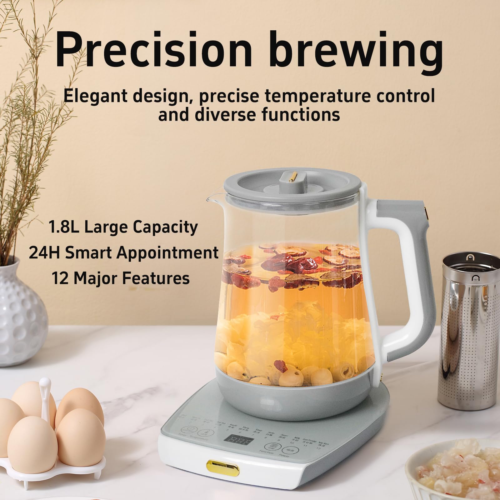 Olla de salud, oficina, hogar, hervidor eléctrico con infusor, control de temperatura, 12 procedimientos funcionales para frutas, té y café de flores, vidrio grande de 1.8 litros de capacidad, gris 3