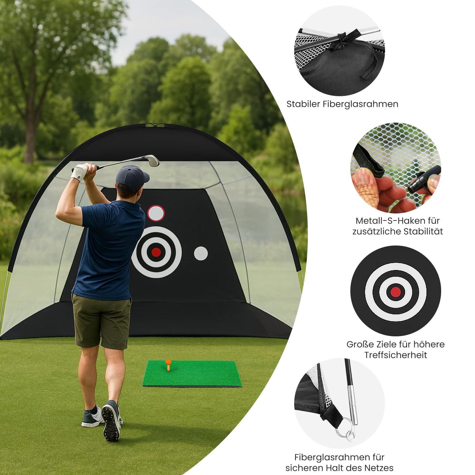 Golf Übungsnetz mit Matte, 303 x 207 x 186 cm Golf Trainingsnetz für Zuhause, Multi-Target Golfs Netz mit Abschlagmatte, 6 Übungsbällen, Tragetasche, Golfs Training Set