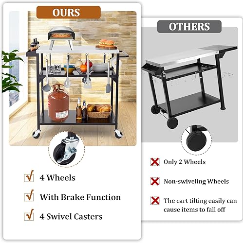 Miniatura 4 de GarveeLife Carrito de mesa para parrilla al aire libre con 4 ruedas, mesas de horno de pizza de acero inoxidable para exterior, mesa de preparación
