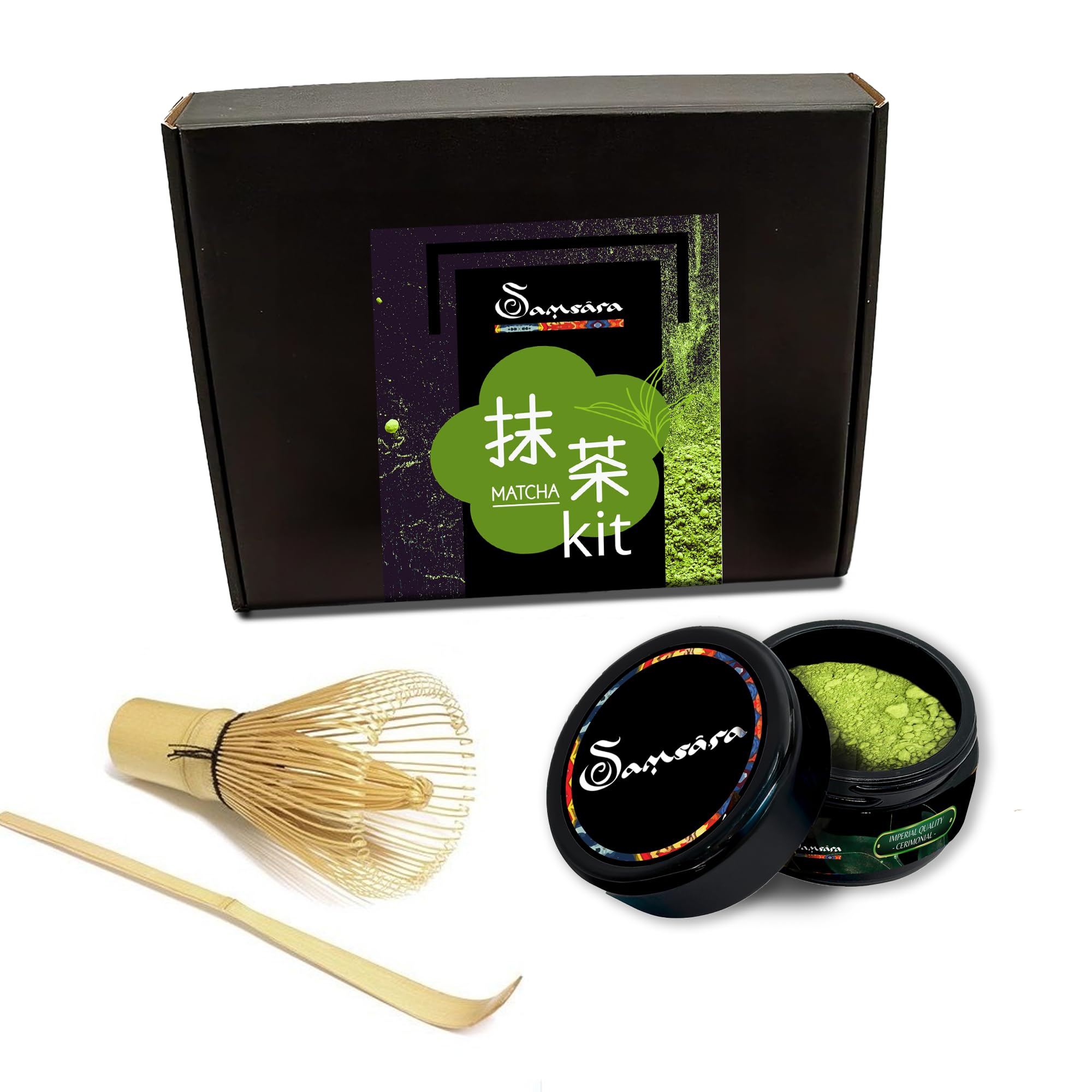 Samsara Kit Matcha Cerimoniale Grado IMPERIALE Premium | Raccolto a Mano in Giappone a YAME Fukuoka, Macinato a Pietra | NO Cottura Vapore | Testato EGCG | NO Glutine | NO Additivi (KIT MATCHA 25G)