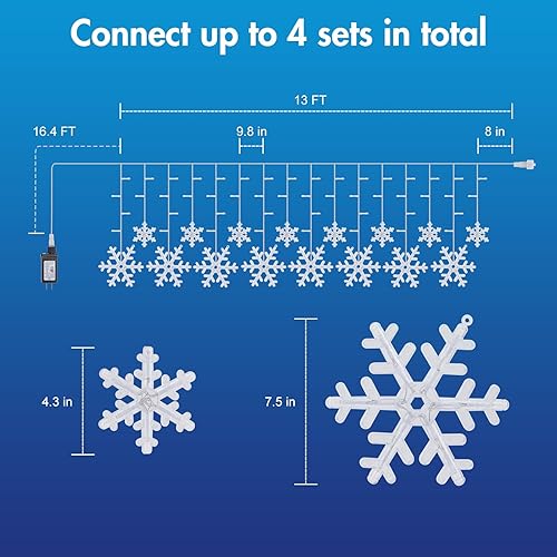 Miniatura 4 de Minetom Luces de copo de nieve de Navidad  13 pies 192 luces LED de carámbano de copo de nieve con 16 gotas, 12 modos y temporizador, luz de Navidad