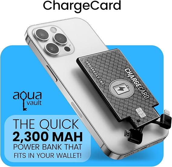 Aquavault ChargeCard (Black): Ultra-Slim 2300 mAh 1.5 Charge Card Phone Charger - Built-in Cables for iPhone & Android - Compatible with iPhone 6-17 & Android - Ultra Thin Power Bank Fits in Wallet