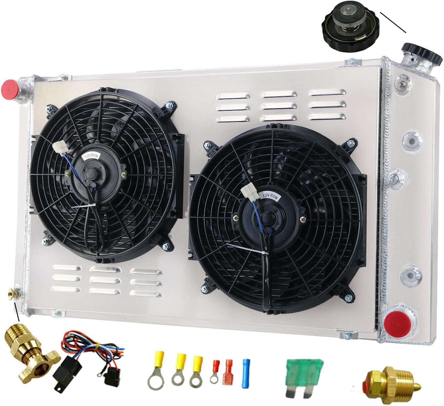 3 Row Aluminum Radiator Shroud Fan Relay for 1971-1990 Chevy Chevelle Impala Caprice Malibu C10 C20 C30 K10 K20 K30 Suburban Pickup GMC Jimmy Buick Lesabre