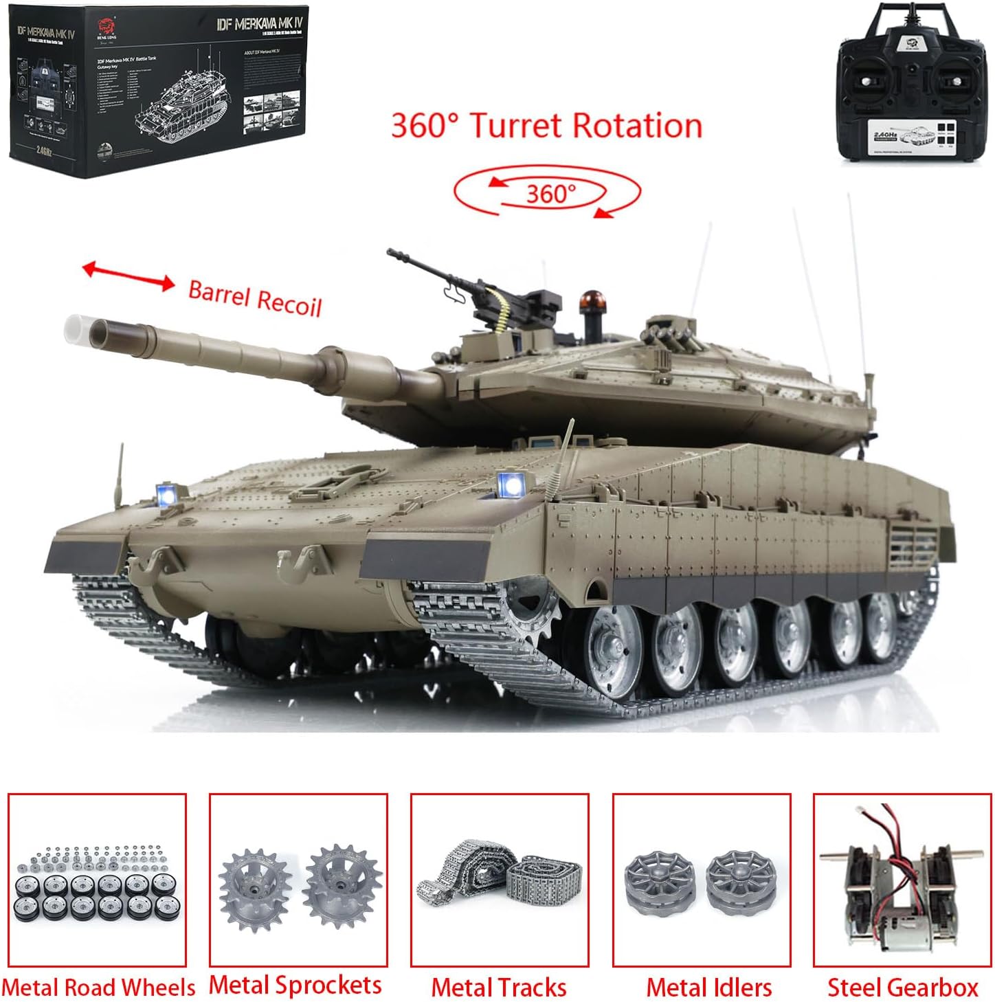 1/16 RC Tank IDF Military Merkava MK IV Metal Tracks Road Wheels Idlers Pro Edition Turret Rotation Smoking Generator for Adult Hobby BB Shooting Airsoft Tank that Shoot