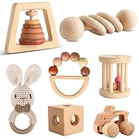 Vista 9 de Juguete de madera para bebé, 8 piezas, juguetes Montessori para bebés de 1 a 3 años de edad, juego de sonajeros de madera para agarre infantil