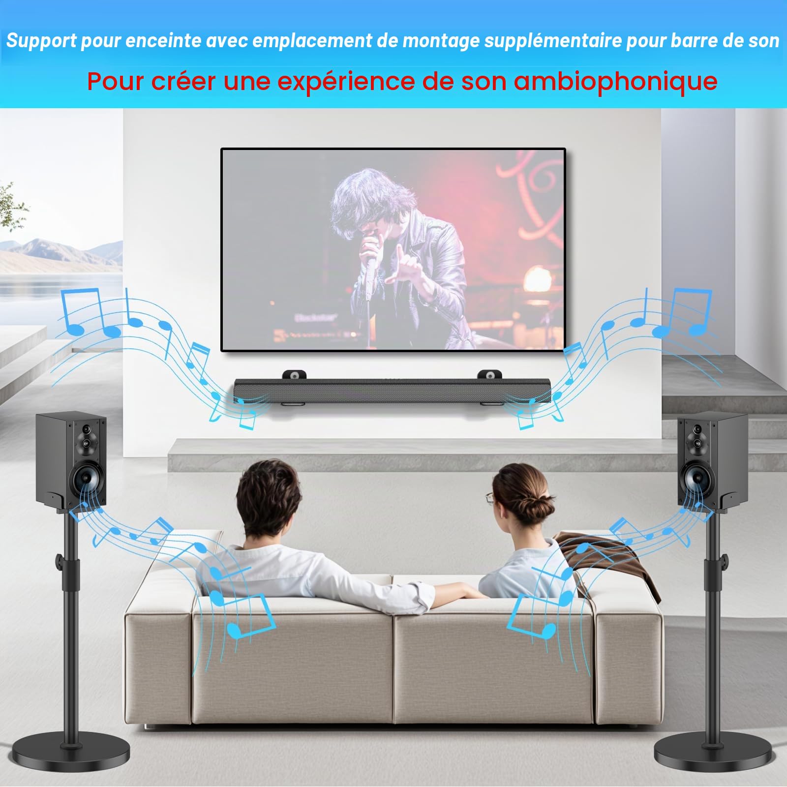 Supports d'enceintes renforcés (Paire) pour Sony HT-A9, SA-RS5, SA-R55, SA-RS3S, SA-Z9R avec Supports pour Barres de Son - Hauteur réglable 74 à 95 cm pour Enceintes Surround Sony