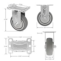 Vista 38 de SY America 3.5" 4 Pack Plate Caster, Thermoplastic Light Heavy Duty Rubber Gray Swivel Caster, Top Plate Casters, 1200 lbs Total Capacity
