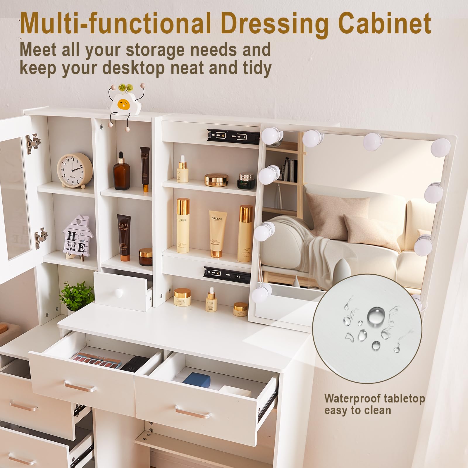 Toeletta Con Specchio E Luci LED - 3 Cassetti, Sgabello, Luminosità Regolabile, 100x40x140 Cm - Foto 8