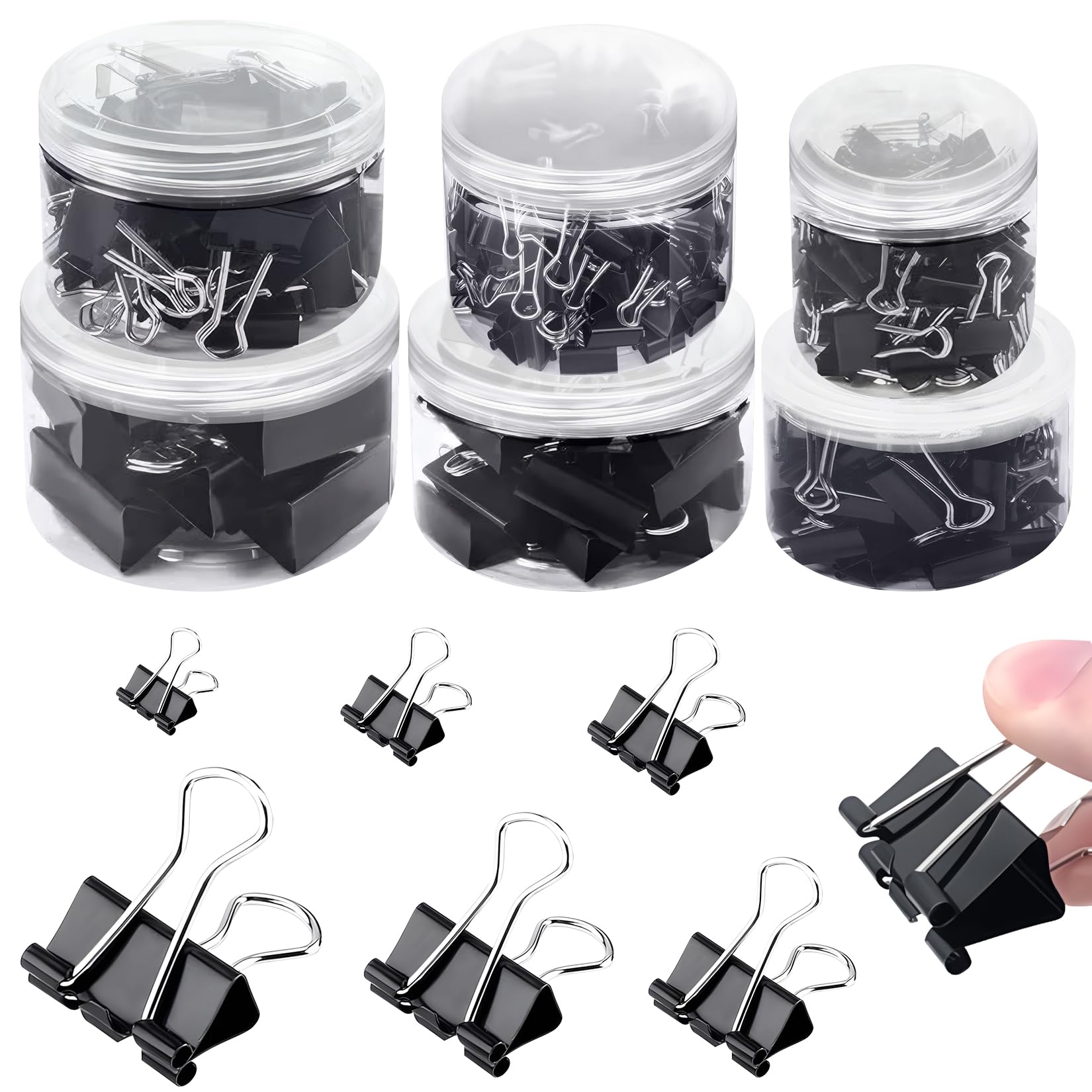 208 clip per raccoglitori di dimensioni assortite, 1,5 - 5,1 cm, morsetti per carta in metallo nero, mini/piccoli/medi/grandi, 6 misure in 6 scatole, clip per ufficio per casa/scuola