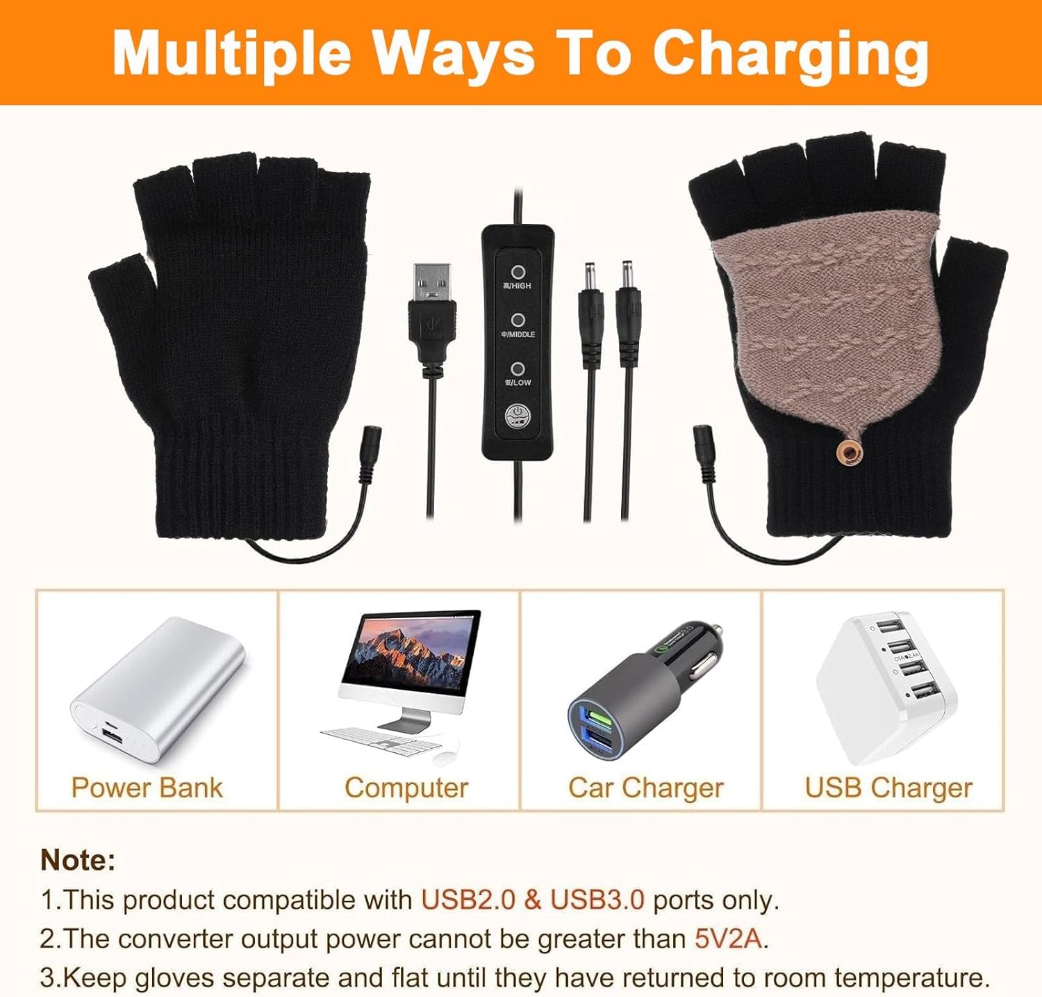 JaGely 2 Pairs USB Heated Gloves Mitten for Men Women Hand Winter Warmer with Temperature Adjustment Heated Fingerless Gloves - Image 6