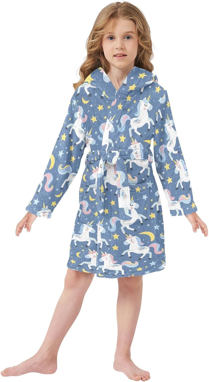 Cute Unicorns Stars Pattern Toddler Hooded Bathrobe for Boys Girls Soft Plush Bath Towel Robe 2-12 Years