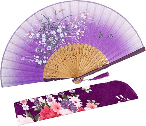 Miniatura 7 de Amajiji - Abanico plegable de seda y bambú, 8.27 pulgadas (21 cm), estilo retro, vintage, elegante y encantador, chino/japonés, regalo para mujeres