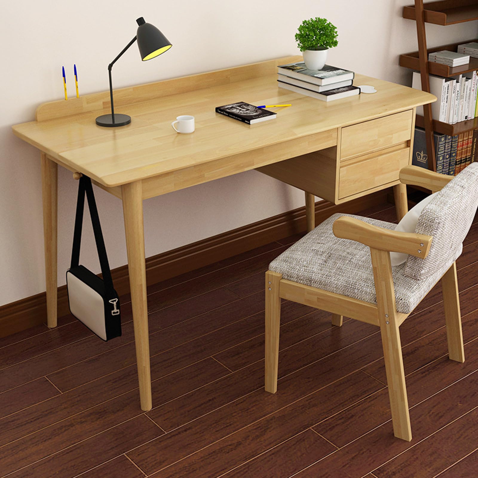 SDdPulse Escritorio, escritorio con 2 cajones, escritorio de madera, sala de estudio, mesa de escritura de oficina en casa, estación de trabajo moderna para dormitorio, sala de estudio, natural, 39