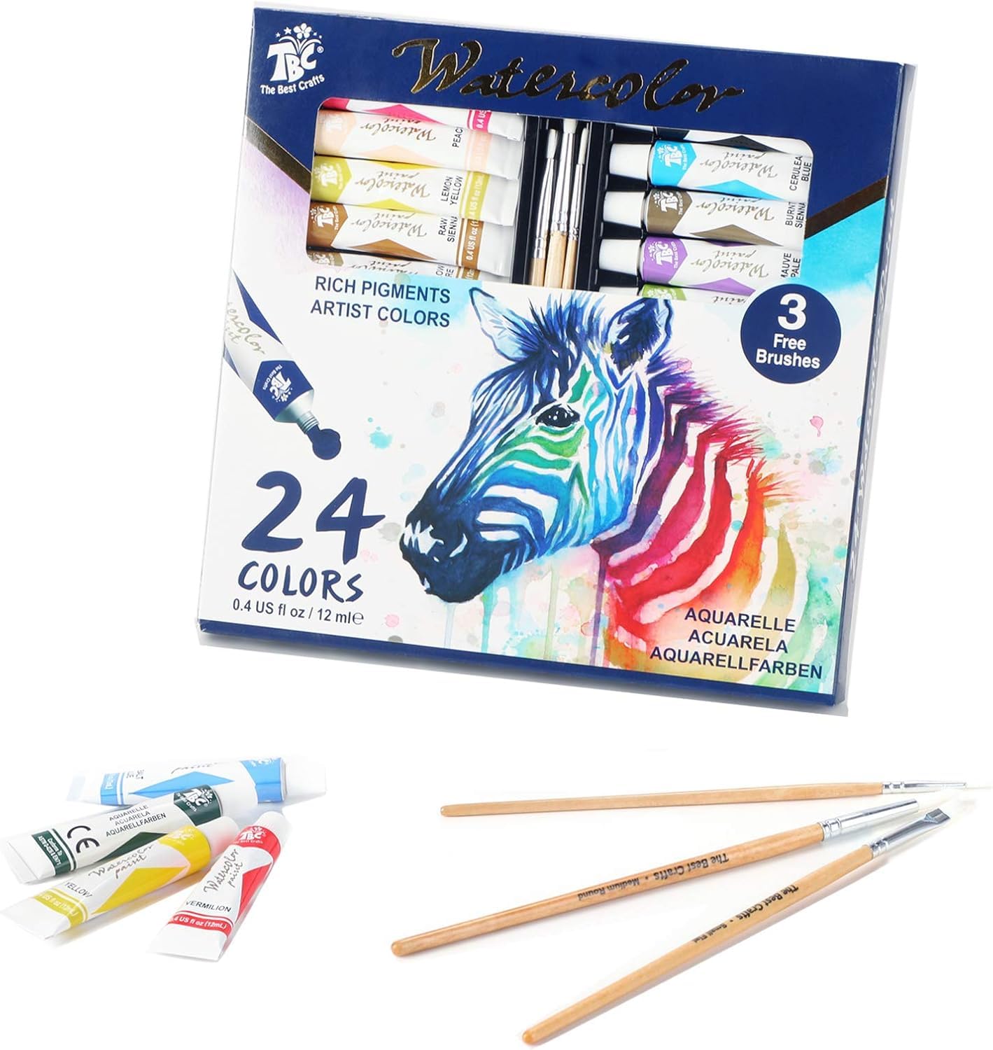 TBC Watercolour Paint Set, 24 x 12ml Water Colour Paints Tubes with 3 Paint Brush for Artists, Beginners, Students, Hobbyists, Adults