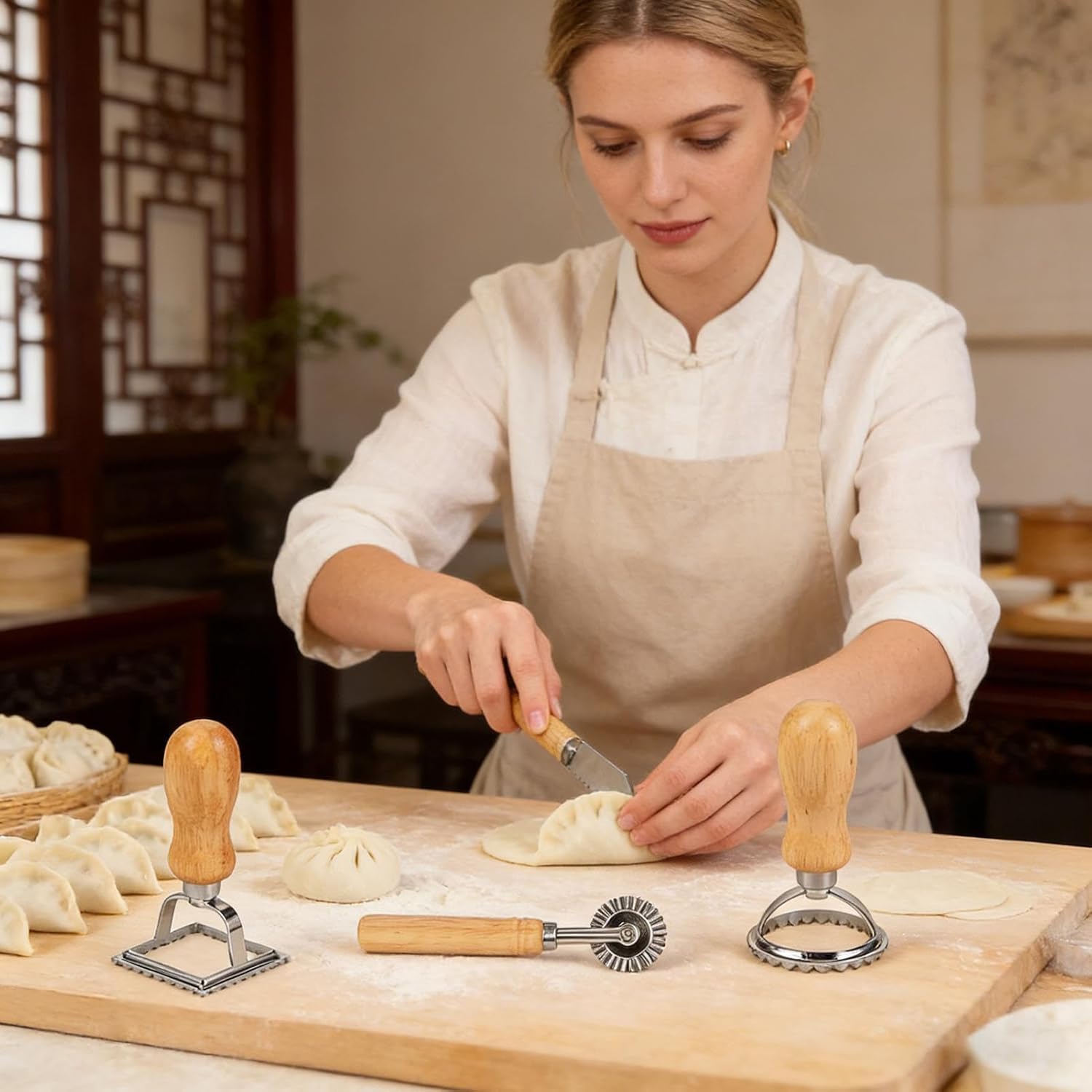 Pasta Cutter, 7 Pieces Food-Grade Wooden Manual Stamp, Pasta Making Tools, for Dough, Noodle, Dumpling, Pastry, Kitchen, Home, Restaurant, Commercial, Food Preparation, Meal Prep, Party