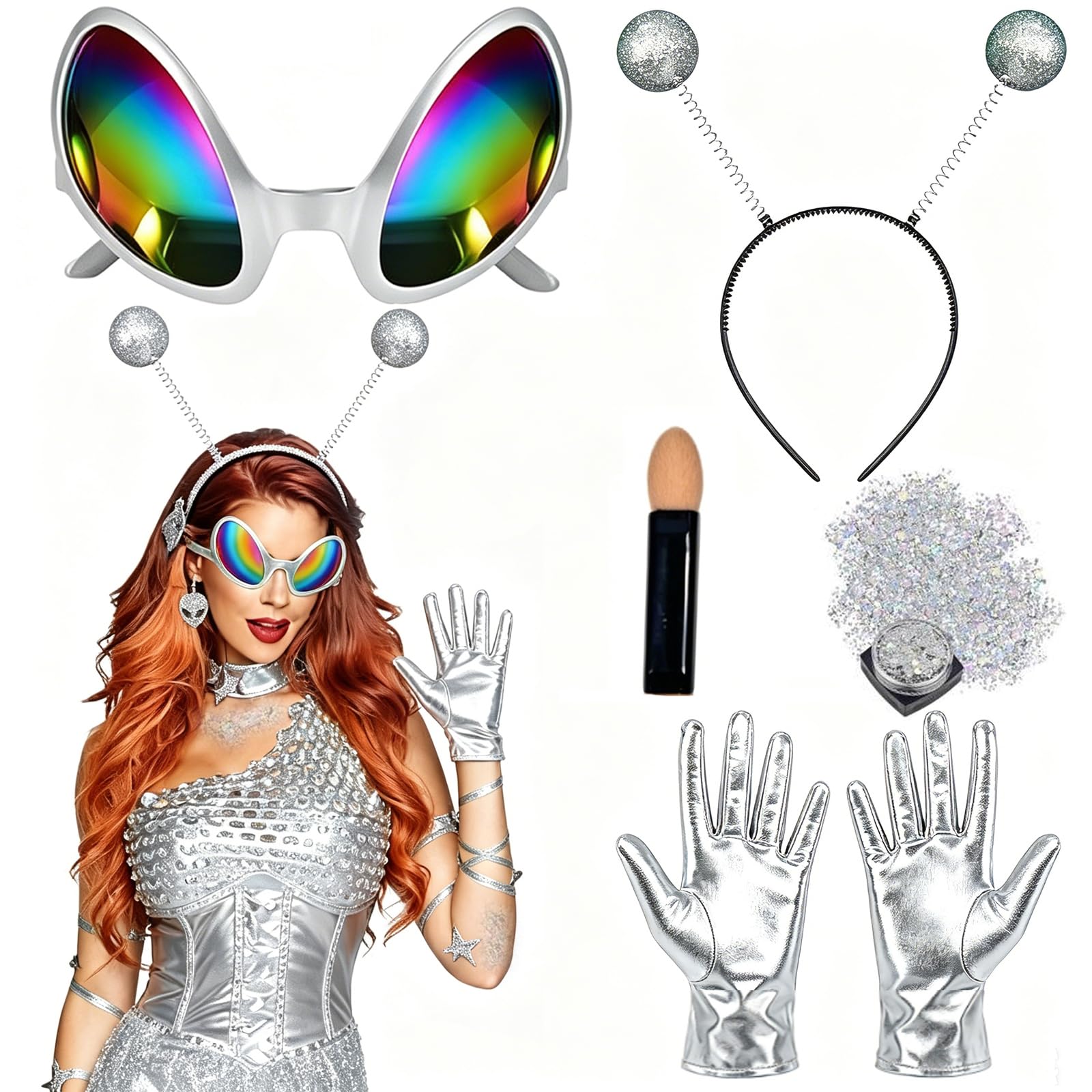 YcsRnn 6 Piece Alien Costume Women, Alien Headband with Space Costume Set, Space Outfit Women with Alien Glasses and Accessories for Halloween Cosplay Parties and Space Themed Events ﻿