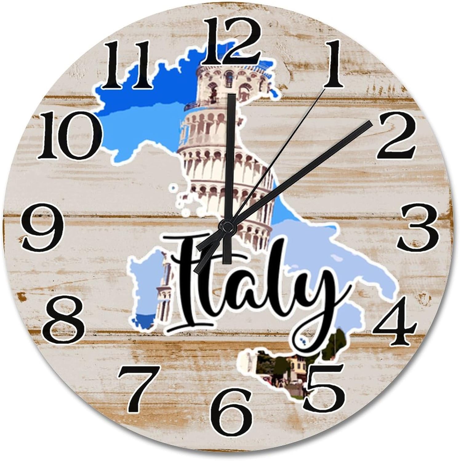 Italy Landmark Wall Clock Italy Map Tourist Attraction 15 Inch Round Wall Clocks Battery Operated Silent Non-Ticking Travel Hanging Clock for Bedroom Living Room Farmhouse Wall Decor